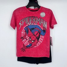 NWT Marvel Spider-Man T-Shirt  Black Shorts Set Boys Size 6 Red Acid Wash