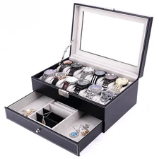 12 Grids Jewelry Case Storage Watch Box Leather Display Organizer Glass Top Gift