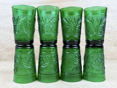 8 Vintage Anchor Hocking FOREST GREEN Sandwich Glass Flat Juice Tumbler 3.5" T