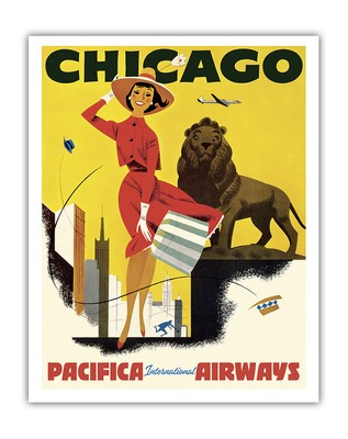 Chicago The Windy City - Pacifica Intl Airways - Vintage Travel Poster c.1950s
