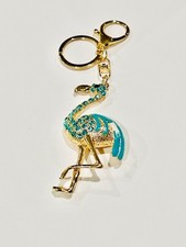 Flamingo Bag Charm / Key Chain Teal Rhinestones & Enamel New No Tags