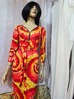 Women s Red Orange Yellow Tie Dye Sheath Midi Dress Size M V-Neck Zip Belted