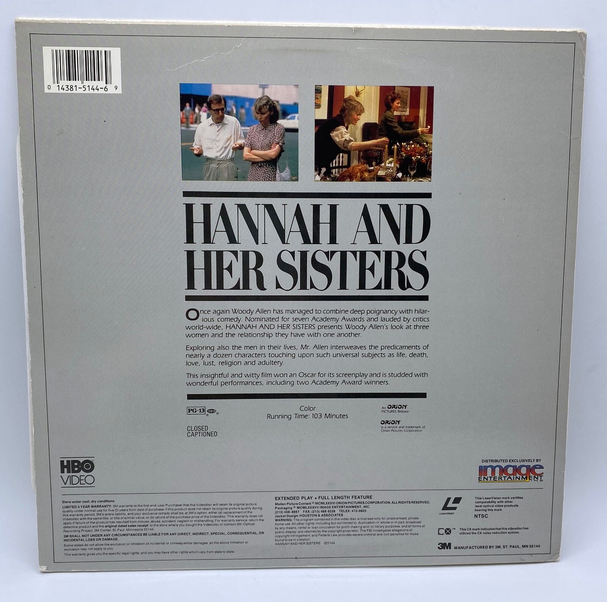 Hannah and Her Sisters HBO Video Laserdisc LD ID5144 Woody Allen