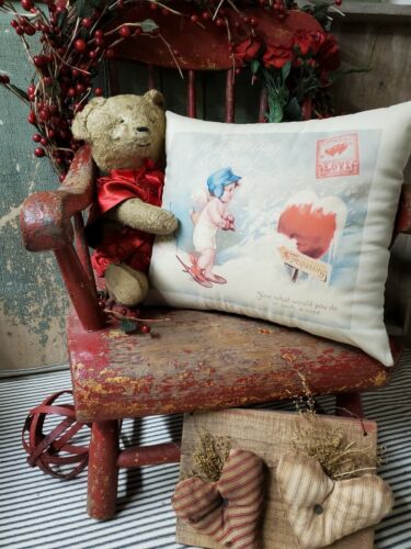 VINTAGE SHABBY PRIMITIVE VICTORIAN STYLE VALENTINE CUPIDS SNOWY HEART PILLOW - Picture 2 of 11