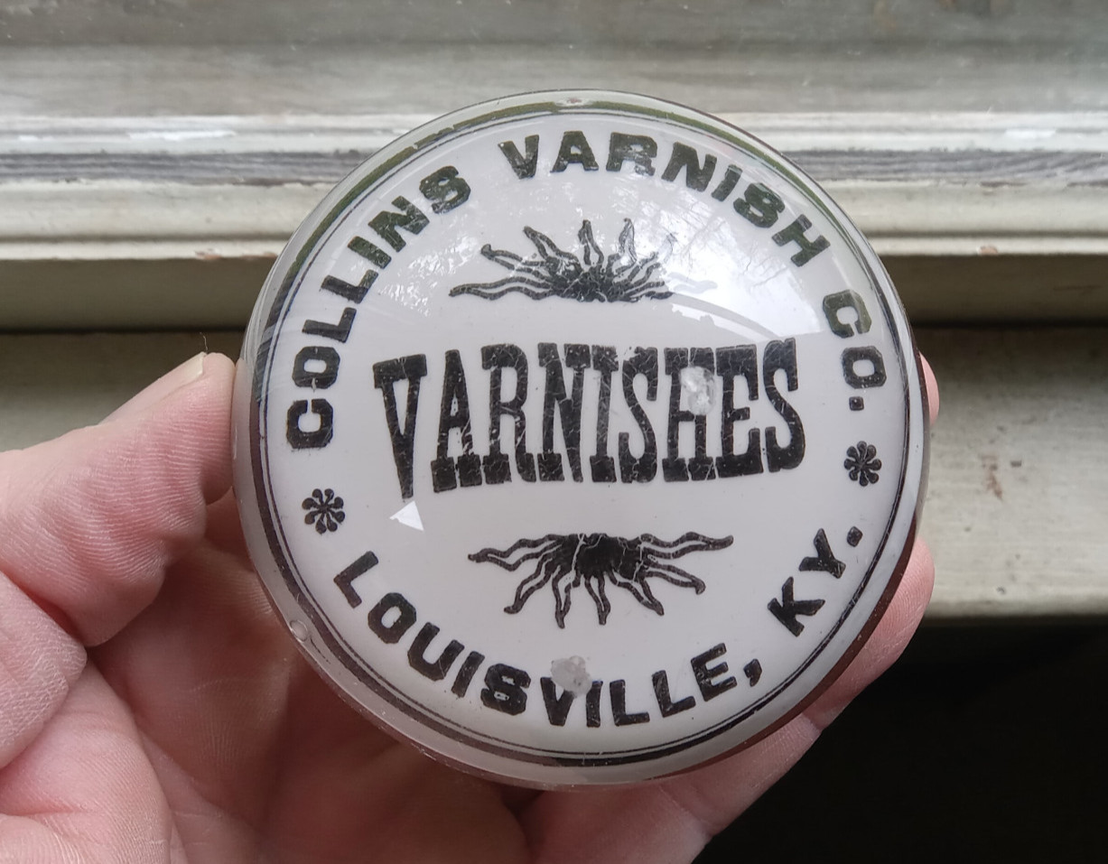 1890s COLLINS VARNISH CO LOUISVILLE,KY ANTIQUE GLASS ADVERTISING PAPERWEIGHT