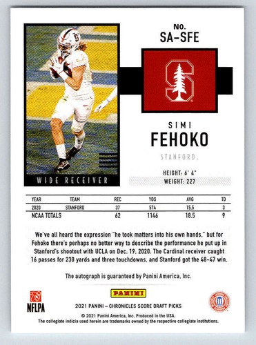 2021 Panini Chronicles Score Rookie Autographs #26 Simi Fehoko (ref 186993) - Picture 2 of 2
