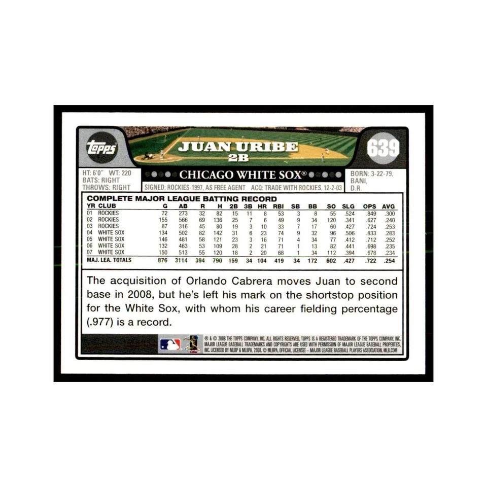 Juan Uribe 2008 Topps #639 Baseball Cards Baseball Card NM - Image 2 of 3