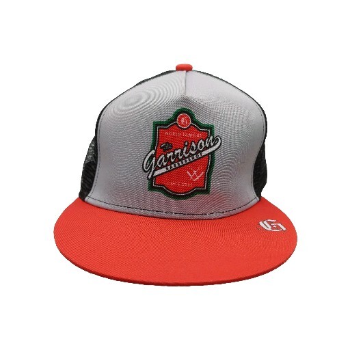 The World Famous Garrison Barbershop Hat in Gray Red Black Mesh Snapback Style