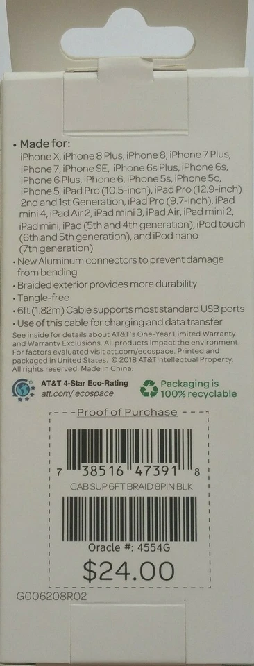 AT&T MFi-Certified 6ft Charge Sync Lightning USB Cable iPhone iPad - Image 2 of 4