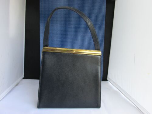 Vintage BLOCK Navy Blue Patent Leather Purse Handbag Gold Frame Bar Clasp Signed - Picture 7 of 15