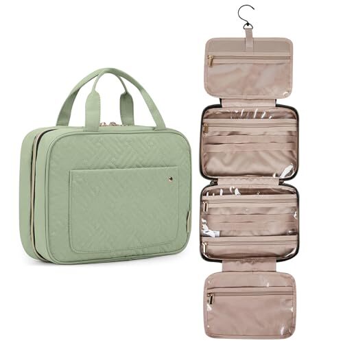 Water-resistant Hanging Toiletry Bag with Hook for Travel Large Green Makeup Organizer