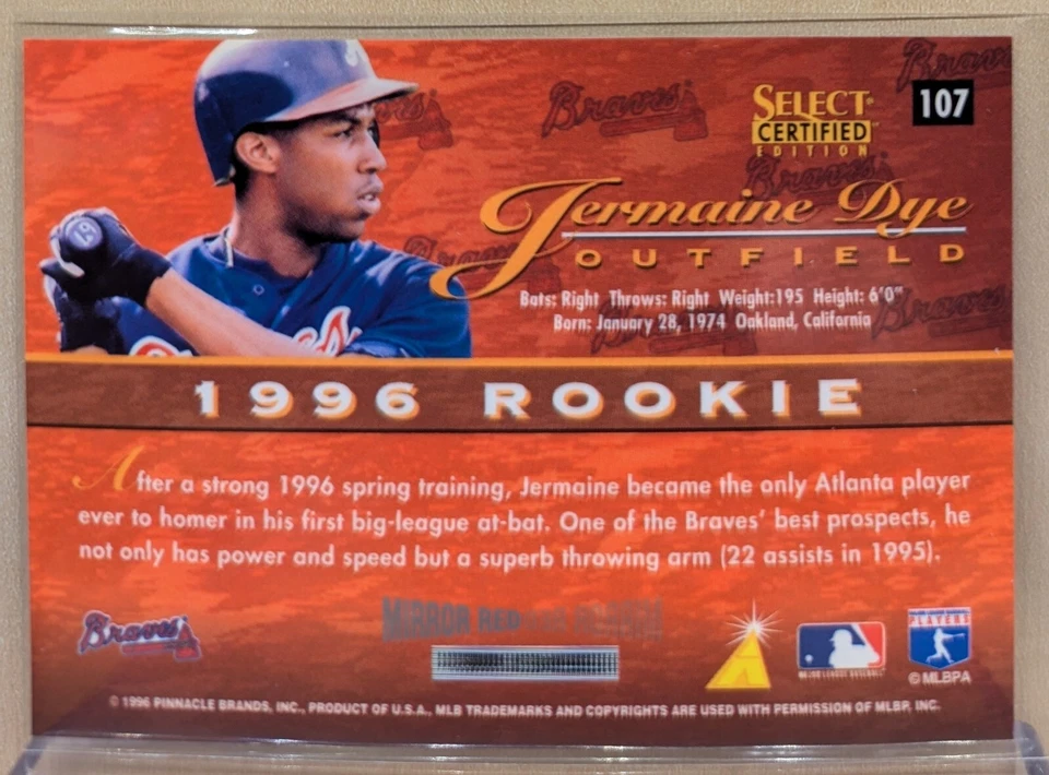 1996 Select Certified MIRROR RED #107 Jermaine Dye Refractor RARE PARALLEL /90 - Image 2 of 2