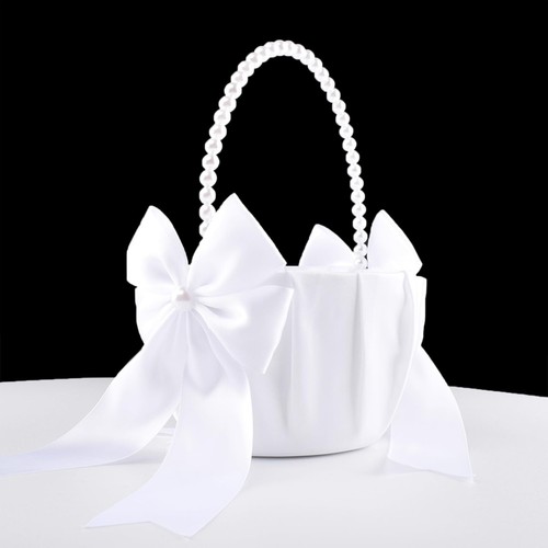 Wedding Flower Girl Basket Cute Pearl Handle White Flower Basket Decor - Picture 3 of 7
