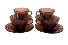 Set of 4 Vintage Duralex Rivage Amethyst Purple Glass Swirl Cups Saucers