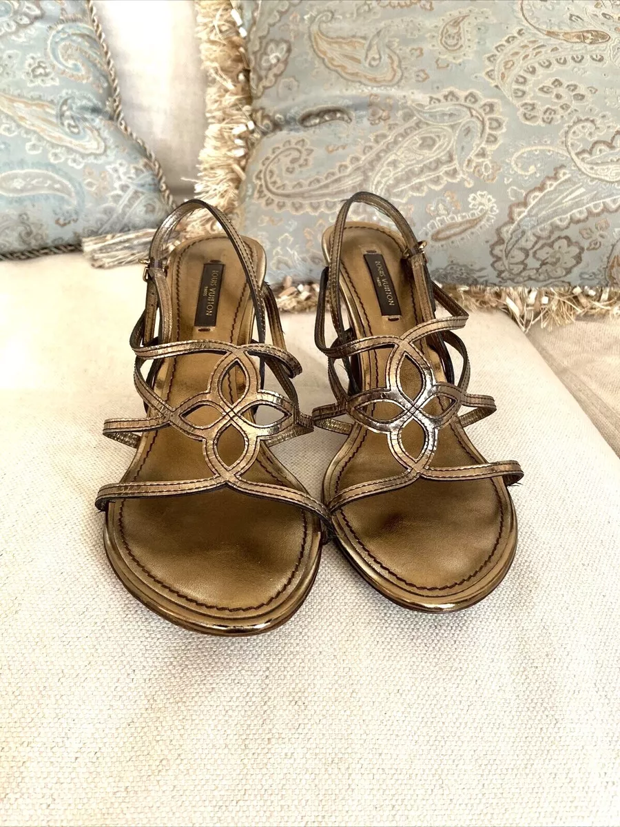 Authentic Louis Vuitton Strappy Gold Wood Heels Sandals Size 7.5