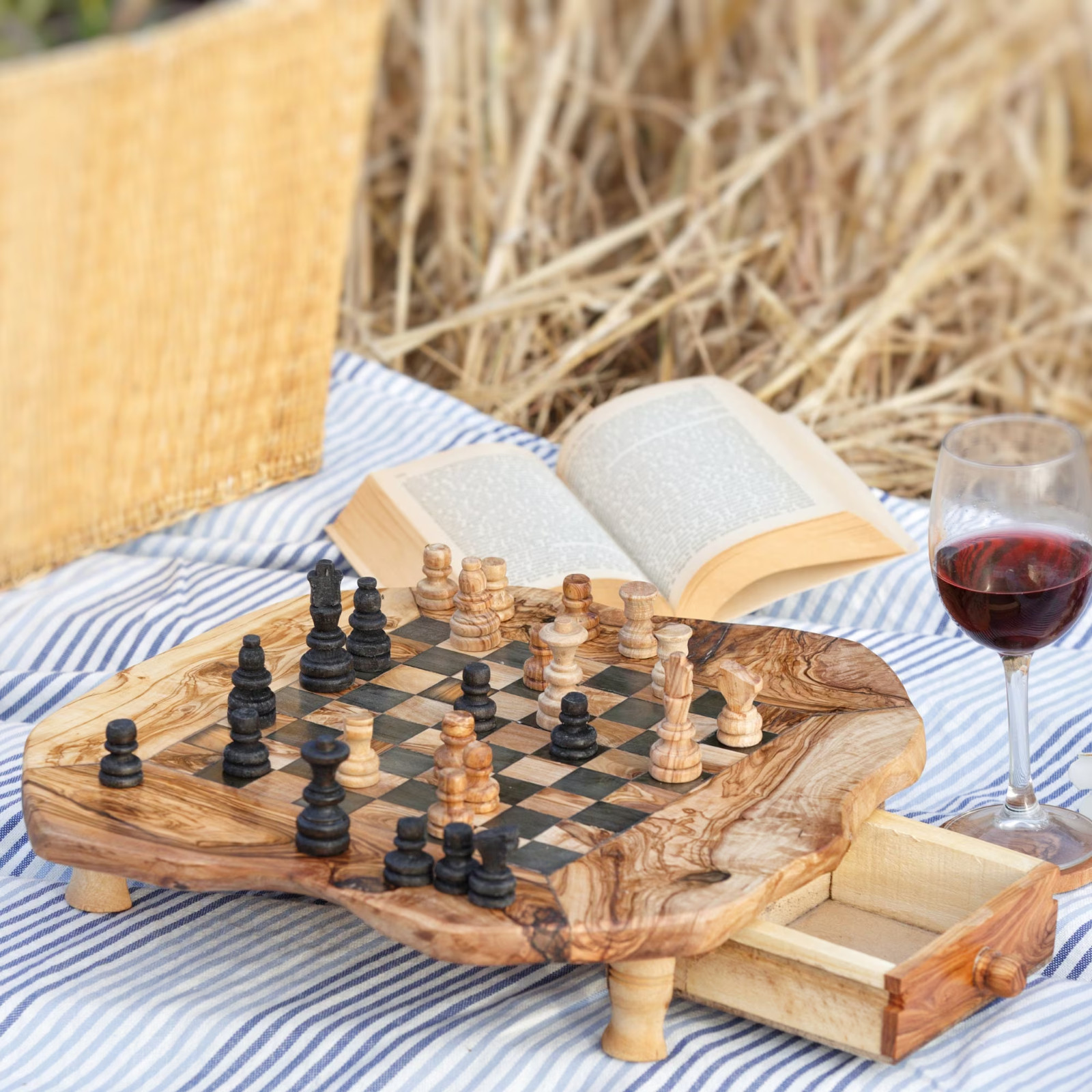 Large Handmade Olive Wood Chess Board with Storage Drawers for Playing