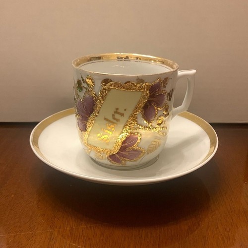‘Sister’ Purple and Gold Teacup and Saucer