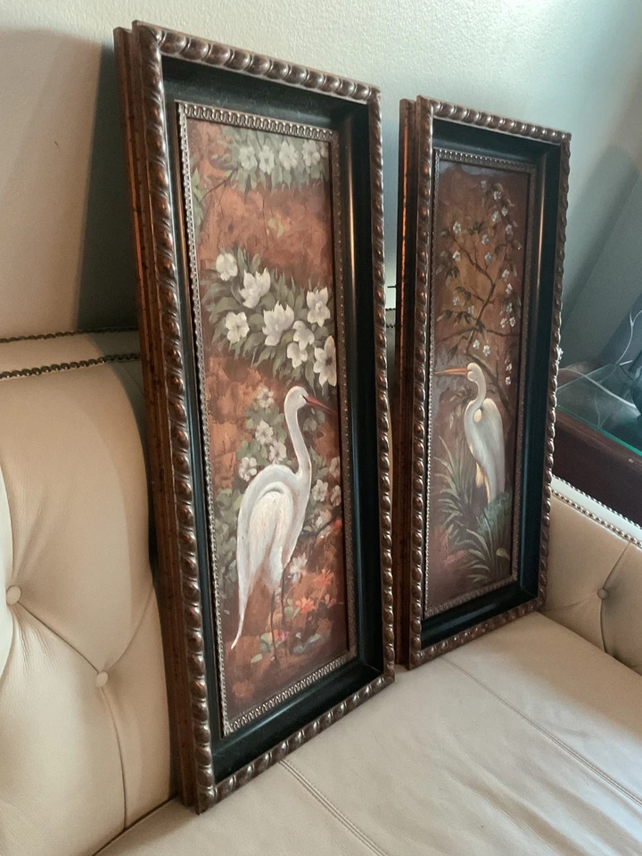 2 Vintage Original Framed White Crane Bird Canvas Oil Paintings - Image 4 of 4