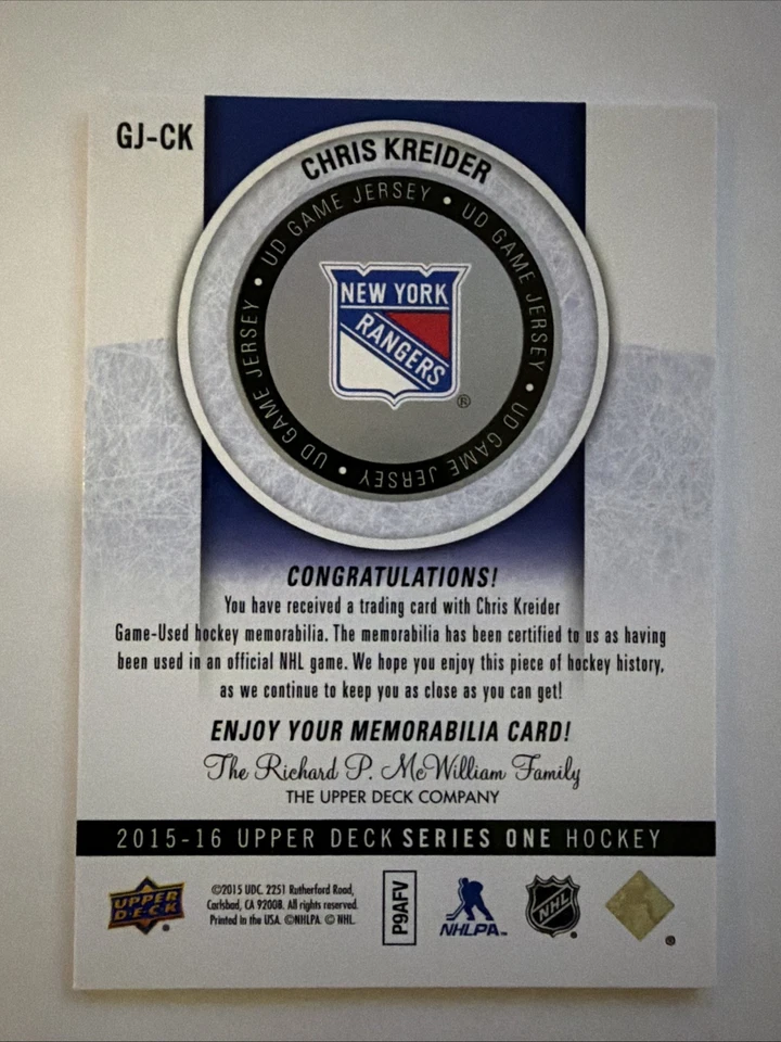 2015-16 Upper Deck - Ud Game Jersey Series 1 Chris Kreider #GJ-CK (MEM) - Image 2 of 2