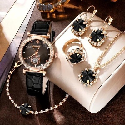 Reloj mujer 6 piezas negro diamantes imitación cuarzo estilo estrellas joyería