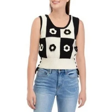Industry Size S Black White Checkered Cotton Knitted Tank Top 3D Flower Granny