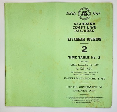 1967 Seaboard Coast Line RR Savannah Division Mitarbeiter Fahrplan #2