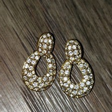 VTG Swarovski Door Knocker Stud Earrings Pave Crystal Signed Wedding Jewelry
