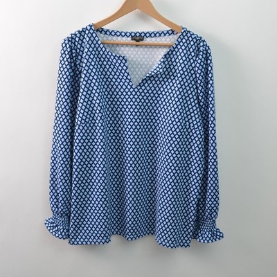Talbots Womens 2X Geometric Print Blouse Blue Woven Stretch Polyester Blend