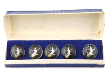 Vtg Siam Sterling Silver Black Nielloware Round Goddess Buttons Set of 5 in Box