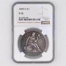 1859-O $1 SEATED LIBERTY DOLLAR UNITED STATES 90% SILVER COIN NGC CERTIFIED F 15