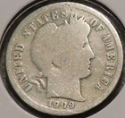 Silver Dime - Barber - 1909 (Off-color after bright cleaning.  Dings/scratches.)