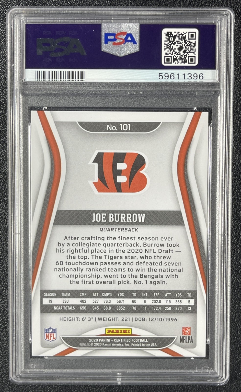 JOE BURROW PSA 9 2020 PANINI CERTIFIED #101 ROOKIE MIRROR RC 285/299 BENGALS view 2