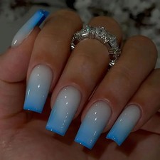24PCS Press On Nails Square Gradient Blue Fak...