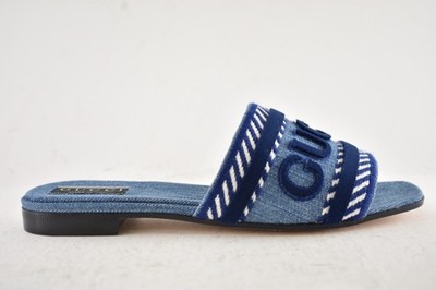 Gucci Jane Light Blue Denim Velvet Logo Mule Flat Slide Slip On