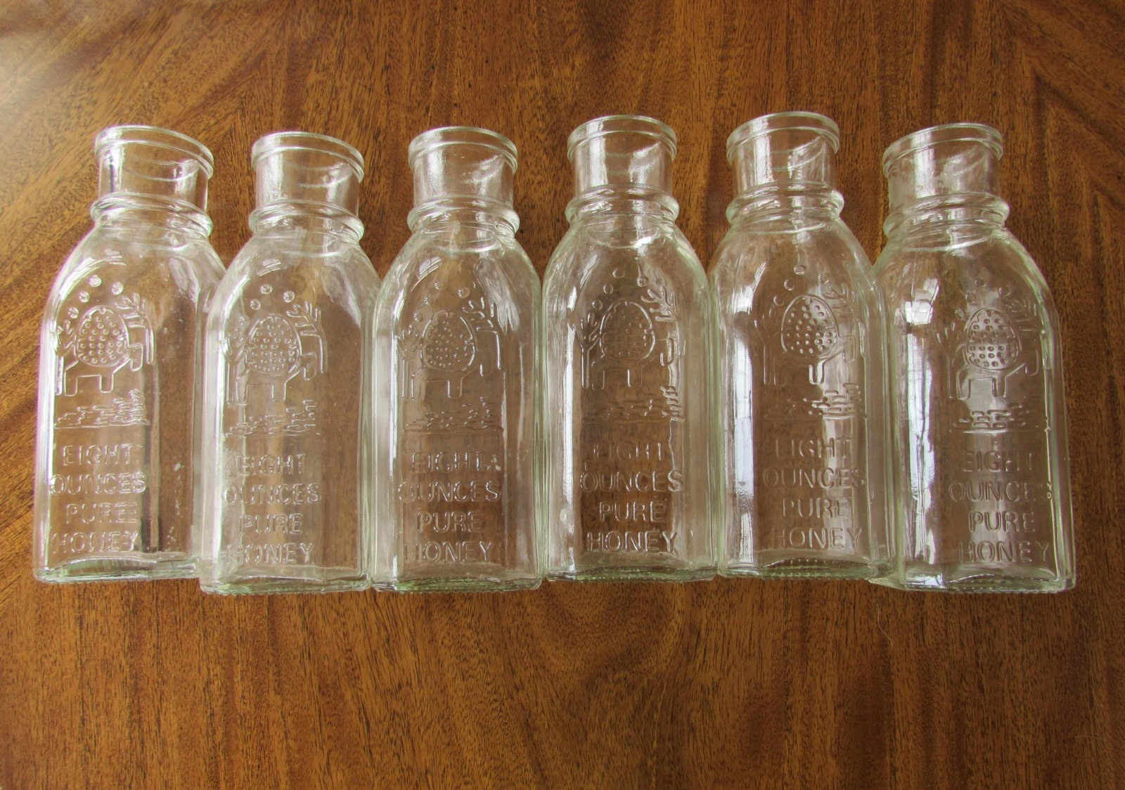 Lot of 6 Eight Ounces Pure Honey Glass Jars GC 2x2x5 EMPTY Embossed No Cork Vtg