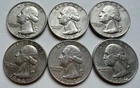 Washington Quarters - 90% Silver U.S. Coins, Circulated - [Lot of 6] 1962-1964