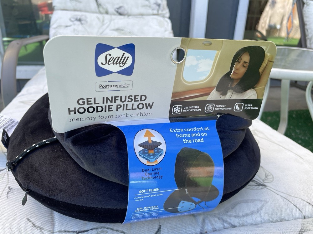 Sealy Neck Support Travel Pillow with Hoodie and Gel Memory Foam