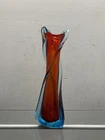 Murano, Italy, Large Mouth-Blown & Twisted Art Glass Vase Blue & Red CIRCA