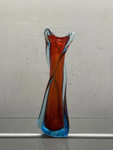 Murano, Italy, Large Mouth-Blown & Twisted Art Glass Vase Blue & Red CIRCA