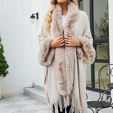 Womens Faux Fur Trim Shawl Wrap Poncho Cape Winter Warm Scarf Cardigan Cozy