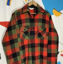 Vintage 60s Wool Flannel Shirt Plaid CPO Red Green Medium Jacket Soft USA