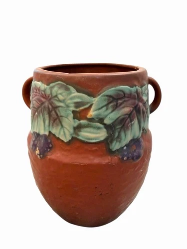 Vintage Roseville Pottery Berry Bush Handled Vase 6 1/4” Brown Glued Chip