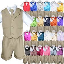 6pc Baby Boy Toddler Formal Vest Shorts Khaki Set Suit Bow Tie 23 Color sz S-4T