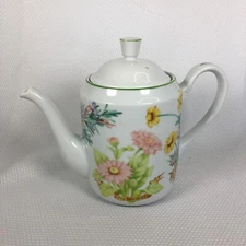 The Tuscany Collection Ceramic Tea Pot with Lid White Flowers Herbs Cottagecore
