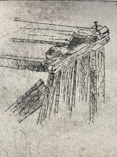 Vintage minimalistisches Radieren - abstrakter Holzbalken Bau Kunstwerk 21 * 24 cm - Bild 5 von 8