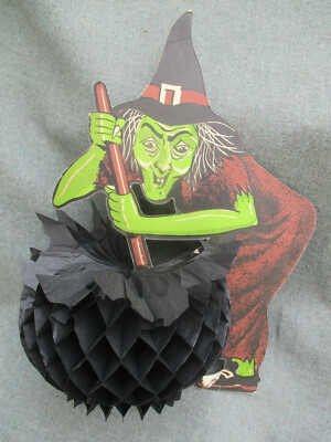VINTAGE 1950s-1960s BEISTLE CARDBOARD & CREPE PAPER WITCH HALLOWEEN DECORATION