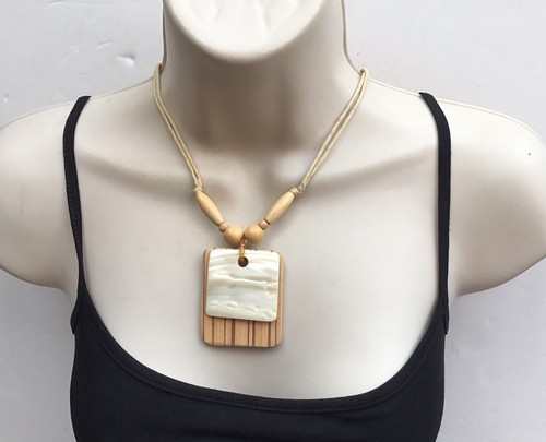 Collar Boho Étnico Madera MOP Madreperla Cuerda Colgante - Imagen 8 de 11