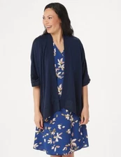 H Halston Navy Blue Open Front Angled Hem Kimono Crochet Detail Sweater New