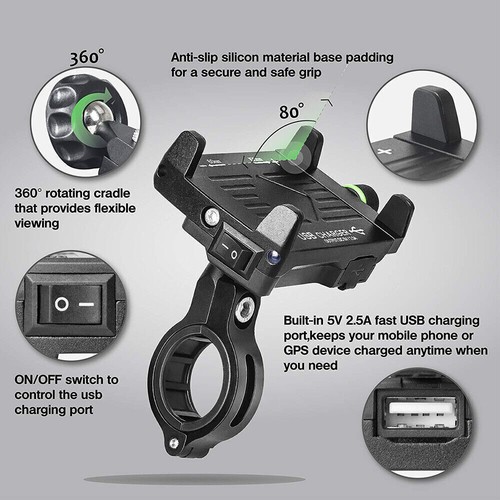 Motorcycle Cell Phone Handlebar Mount Holder USB Charger with Switch Universal - 第 2/12 張圖片