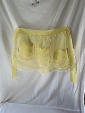 Vintage Sheer Yellow Half Apron 3 Flocked Pockets Lace Trim